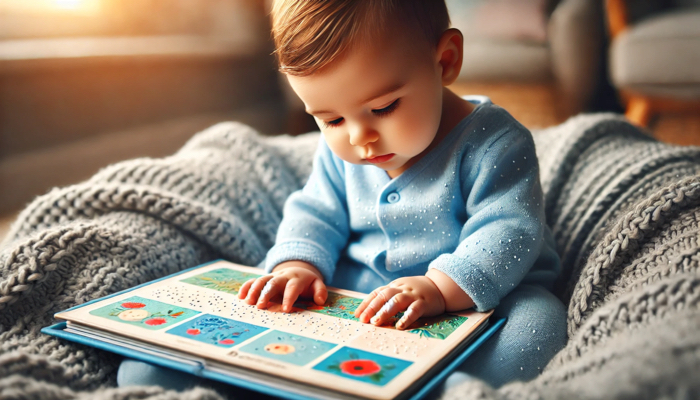 A picture of a baby wearing blue pajamas and reading a braille picture book.