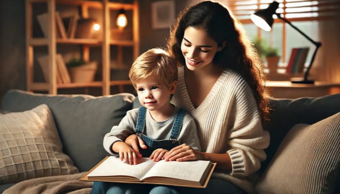 A mom and young son reading a braille book together.