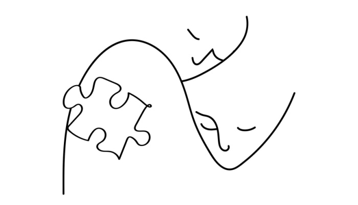 Black line drawing of two people hugging with a puzzle piece symbol.