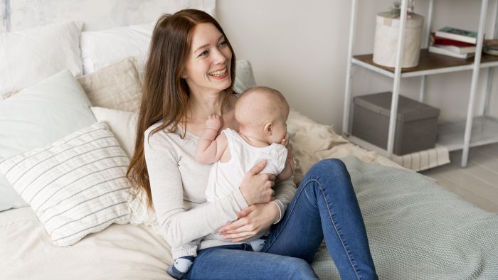 Front view of lovely mother and child