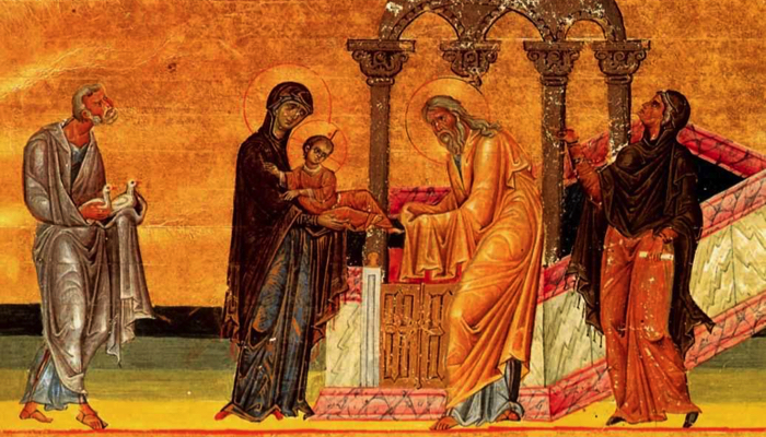 A miniature illustration from an early manuscript representing the presentation of Jesus in the temple.