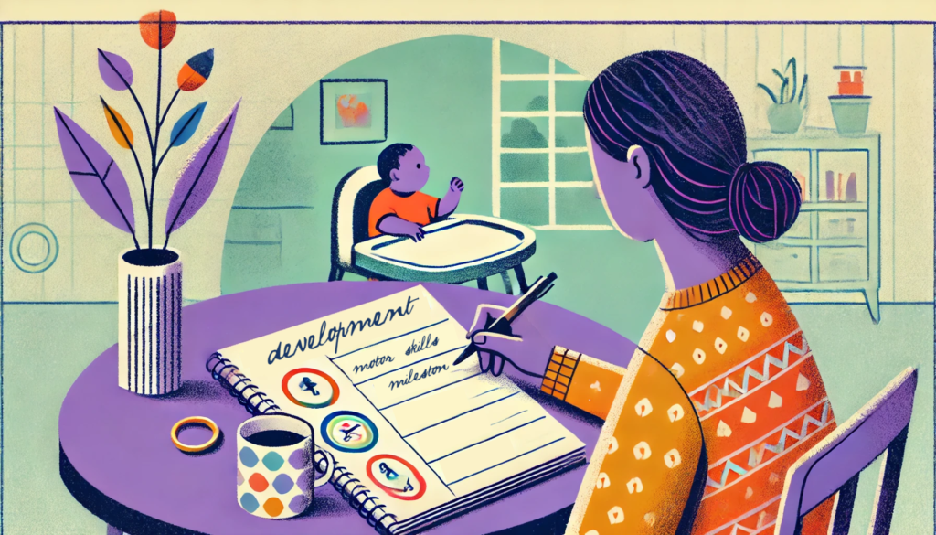 Illustration of a mother recording milestones in her development journal.