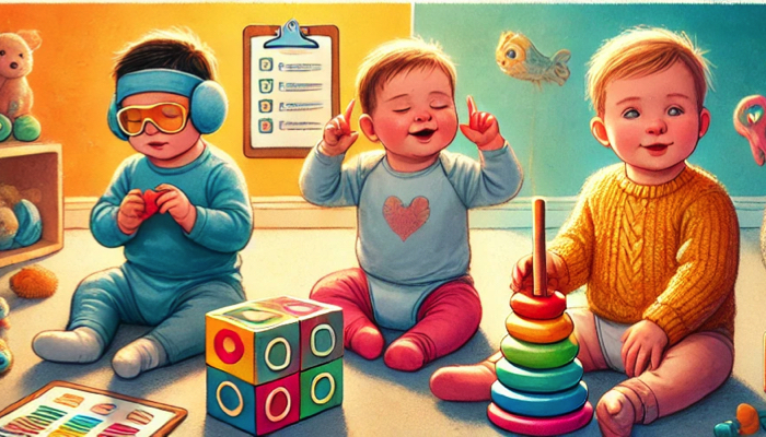 An illustration of three babies participating in the Early Language Acquisition with Sensory Impairment (ELASI)