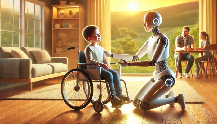 An illustration of an android caring for a child in a wheelchair.