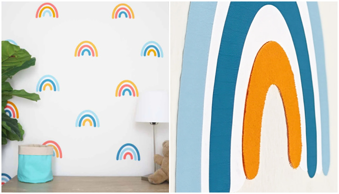 Tactile rainbow wall art in a child's bedroom.