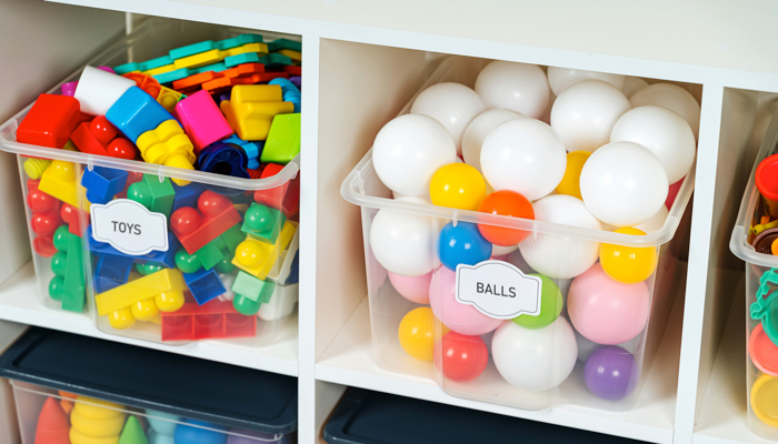 Toy bins with labels.